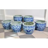 Three pairs of similar modern Chinese celadon ground and blue decorated goldfish bowls or