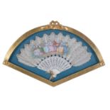 A French bone and painted fan, decorated with courtiers in an exterior scene in 18th century