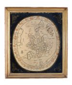 An oval silkwork picture of the counties of England and Wales, entitled ENGLAND / WALES, within a