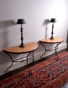 A pair of wrought iron and Sienna marble mounted console tables, 20th century, each of semi-