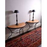 A pair of wrought iron and Sienna marble mounted console tables, 20th century, each of semi-