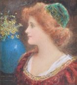 British School (c. 1900) Portrait of a lady with a blue vase Watercolour Signed with initials HJ and