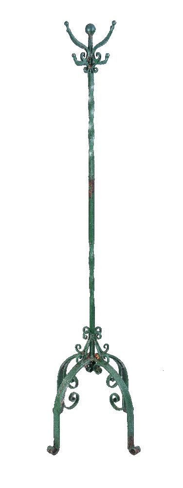 A green painted wrought iron coat stand, early 20th century, with four sets of hooks to a writhen