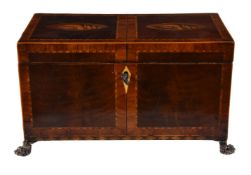 Y A George III mahogany, crossbanded and marquetry tea caddy, late 18th century, of rectangular