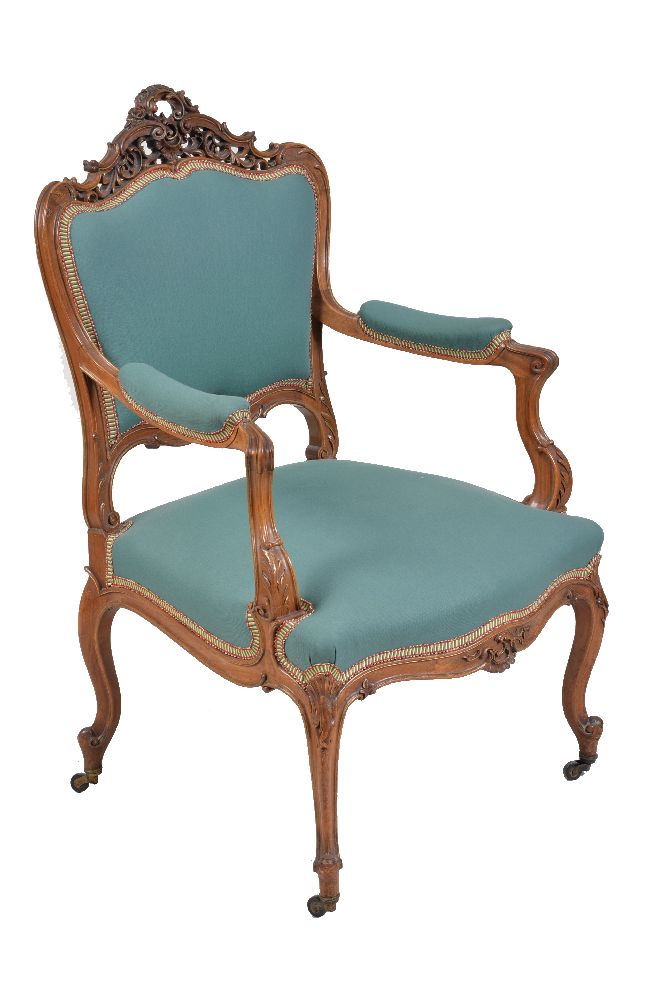 A set of four French carved walnut and upholstered salon chairs, comprising a pair of armchairs, - Image 2 of 3