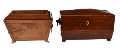 Y A Regency walnut tea caddy, circa 1815, of sarcophagus form, the hinged cover with stringing,