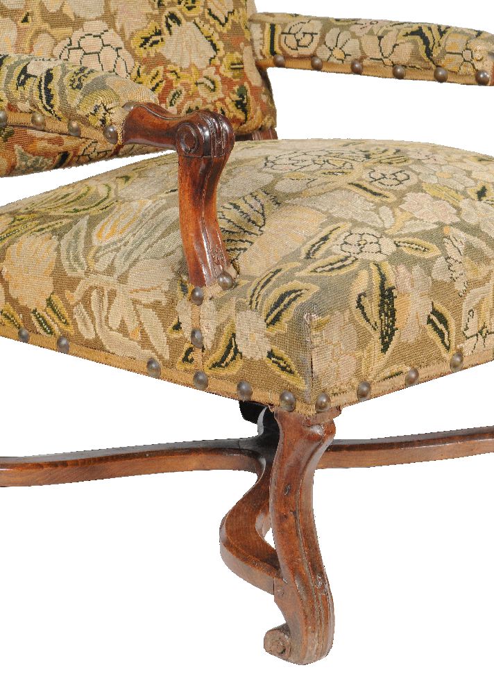 A walnut, beech and tapestry upholstered armchair, first half 18th century, 101cm high, 69cm wide, - Image 2 of 2