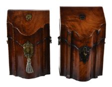 Two late George II/ early George III mahogany and strung knife boxes, circa 1760, of similar form,