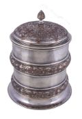 A Victorian electrotype cylindrical biscuit barrel by Elkington & Co., PODR mark for 9th February