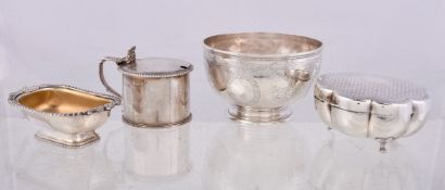 Four items of silver, comprising: a George IV drum mustard pot by Charles Fox I, London 1820, with a