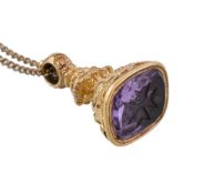 A Victorian amethyst fob seal, the amethyst seal carved with a Maltese cross, set into the carved