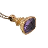 A Victorian amethyst fob seal, the amethyst seal carved with a Maltese cross, set into the carved