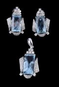 A pair of aquamarine and diamond ear pendants, the rectangular fancy aquamarines in a four claw