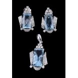 A pair of aquamarine and diamond ear pendants, the rectangular fancy aquamarines in a four claw