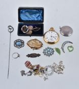 A selection of jewellery and costume jewellery, including: brooches; a hat pin; a ring; a rose