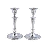 A pair of Edwardian silver navette candlesticks by Hawksworth, Eyre & Co. Ltd, Sheffield 1905,