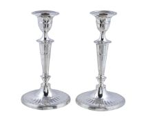 A pair of Edwardian silver navette candlesticks by Hawksworth, Eyre & Co. Ltd, Sheffield 1905,