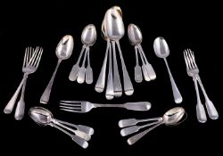 A collection of silver fiddle and old English flatware, various George III and later makers and