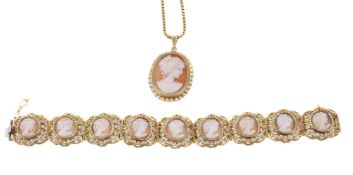 An Italian gold coloured shell cameo bracelet, the carved shell cameo panels within pierced