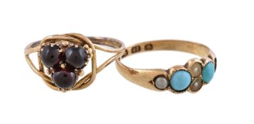 A Victorian 18 carat gold turquoise and seed pearl ring, the two circular cabochon turquoise with