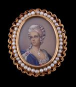 A seed pearl portrait miniature pendant/brooch, the oval panel painted with a lady, within a