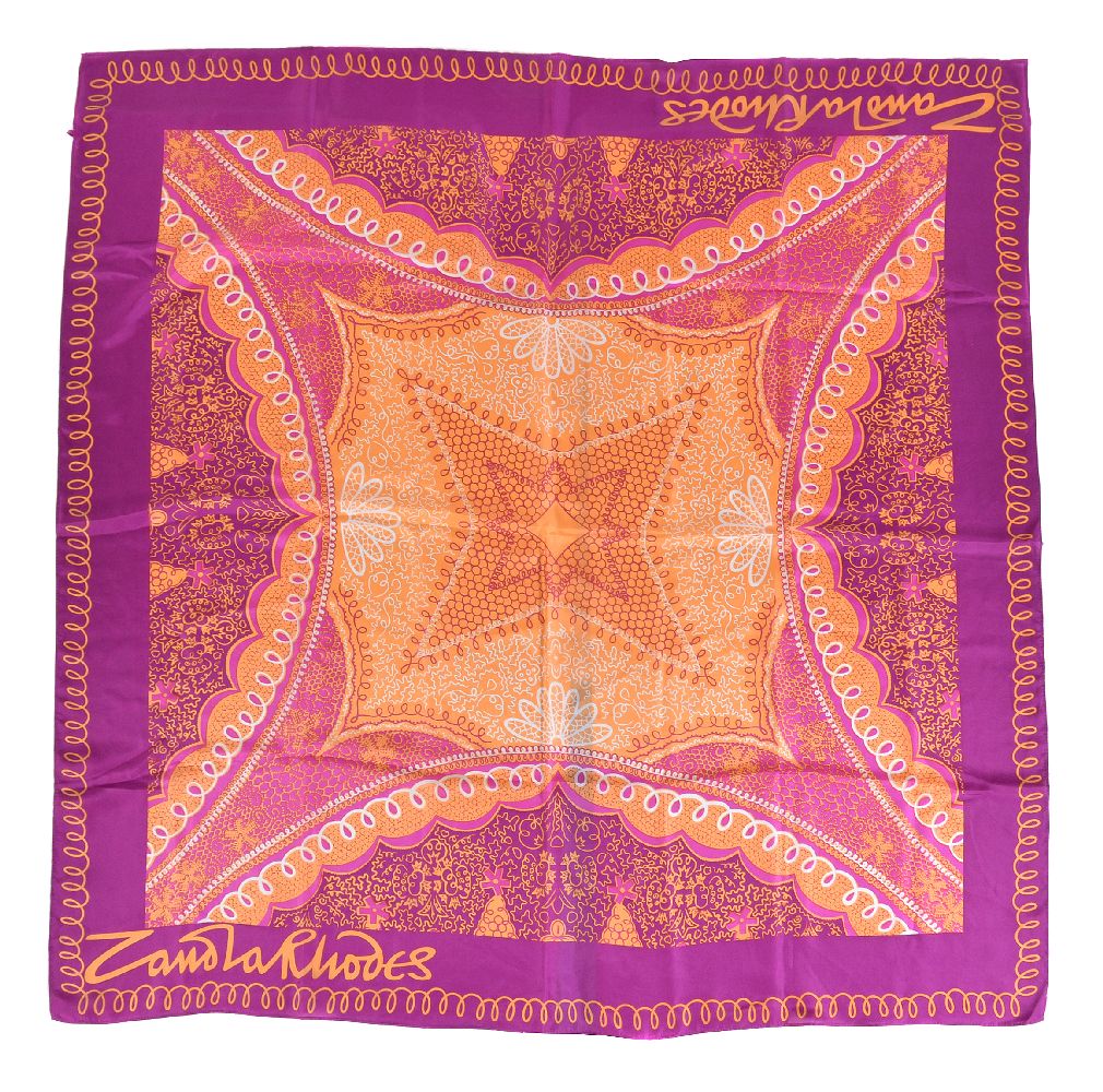 Zandra Rhodes, a purple, pink and orange silk scarf, of abstract design, 106cm wide