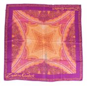 Zandra Rhodes, a purple, pink and orange silk scarf, of abstract design, 106cm wide