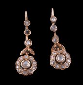 A pair of early 20th century diamond cluster earrings, the cluster drops set with rose cut