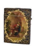 ϒ A Victorian papier mache rectangular card case, painted with a scene of an alpine church