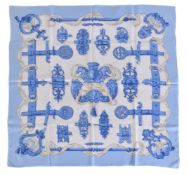 Hermes, Ferronnerie, a blue and cream silk scarf, designed by Cathy Latham, in blue and cream,