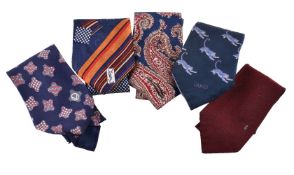 Five vintage silk ties, to include: Gucci, a blue tie with tiger design; Lanvin, a red herringbone