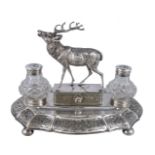 A Victorian electroplated ink stand mounted with a stag by John Wigfall & Co., Sheffield, circa