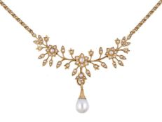 An Edwardian seed pearl necklace, circa 1910, the central foliate section set with seed pearls, on a