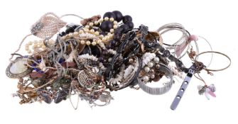 A collection of costume jewellery, including: various necklaces; rings; earrings; and further items