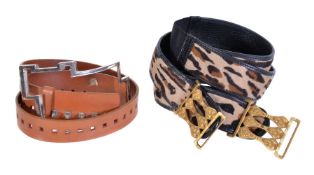 Fendi, a leopard print calfskin and black leather double belt, 94cm long; and Fendi, a tan leather