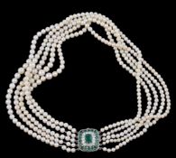 A cultured pearl, emerald and diamond necklace, the five strands of graduating cultured pearls,