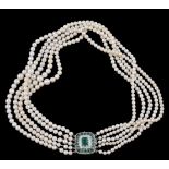 A cultured pearl, emerald and diamond necklace, the five strands of graduating cultured pearls,