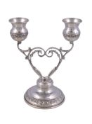An Israeli silver coloured small candelabrum, stamped Hazorfin 925, with two baluster capitals on