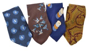 Four vintage silk ties, to include: Givenchy, a blue tie with flower motif; Harrods, a brown tie