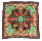 Hermes, Grande Tenue, a silk scarf, designed by Henri d'Origny, in green, brown and red tones,