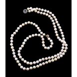 A cultured pearl, sapphire and diamond necklace, the two strands of uniform cultured pearls,