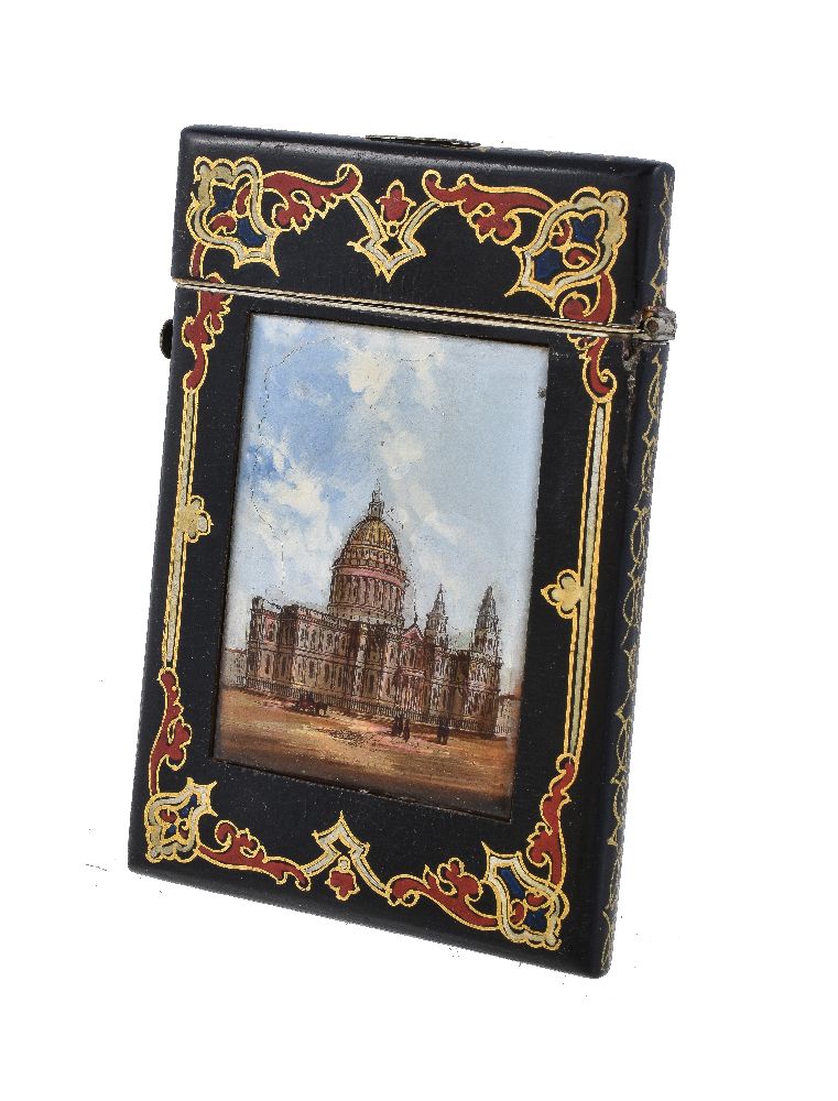 ϒ A Victorian papier mache and gem painted rectangular card case