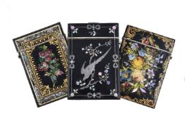 ϒ Three Victorian papier mache rectangular card cases, all with mother of pearl inlaid