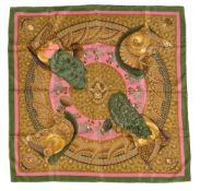 Hermes, Casque et Plumets, a silk scarf, designed by Julia Abadie, in pink, green and gold, with a