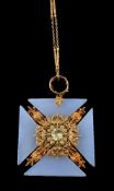 A late Georgian gold filigree, chalcedony and chyrsoberyl Maltese cross pendant, circa 1825, the