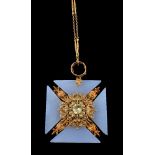 A late Georgian gold filigree, chalcedony and chyrsoberyl Maltese cross pendant, circa 1825, the