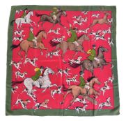 Hermes, La Poursuite, a silk scarf 90, designed by Jean-Louis Clerc, red colourway with a green