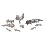 A group of eight silver miniature models of animals, comprising: a Dutch cockerel scent bottle,