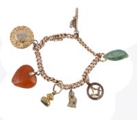 A curb link charm bracelet, the polished curb link bracelet set with various charms, including: a