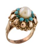 A 1960s turquoise and cultured pearl ring, the central cultured pearl within a surround of